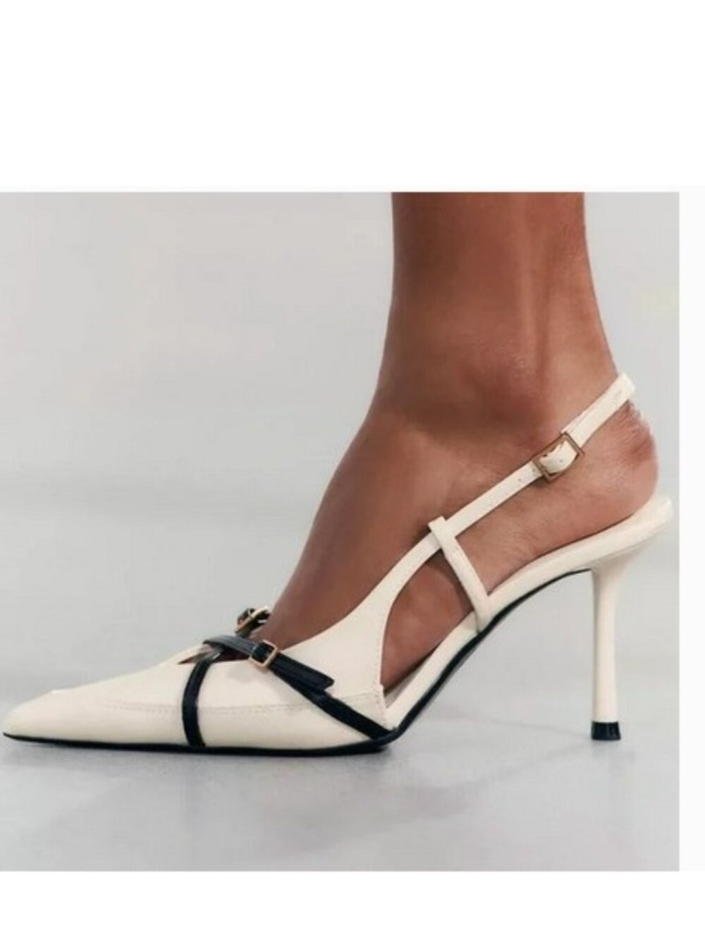 Zara Cream and Black Pointed Slingback Pumps with Buckle Strap NWT 7.5